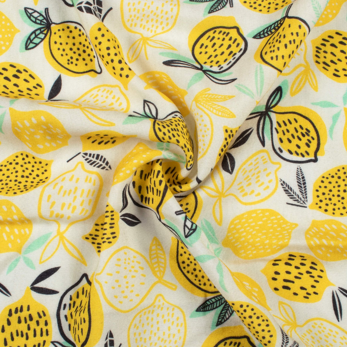Lemon Yellow And Black Quirky Pattern Digital Print Viscose Rayon Fabric (Width 58 Inches)