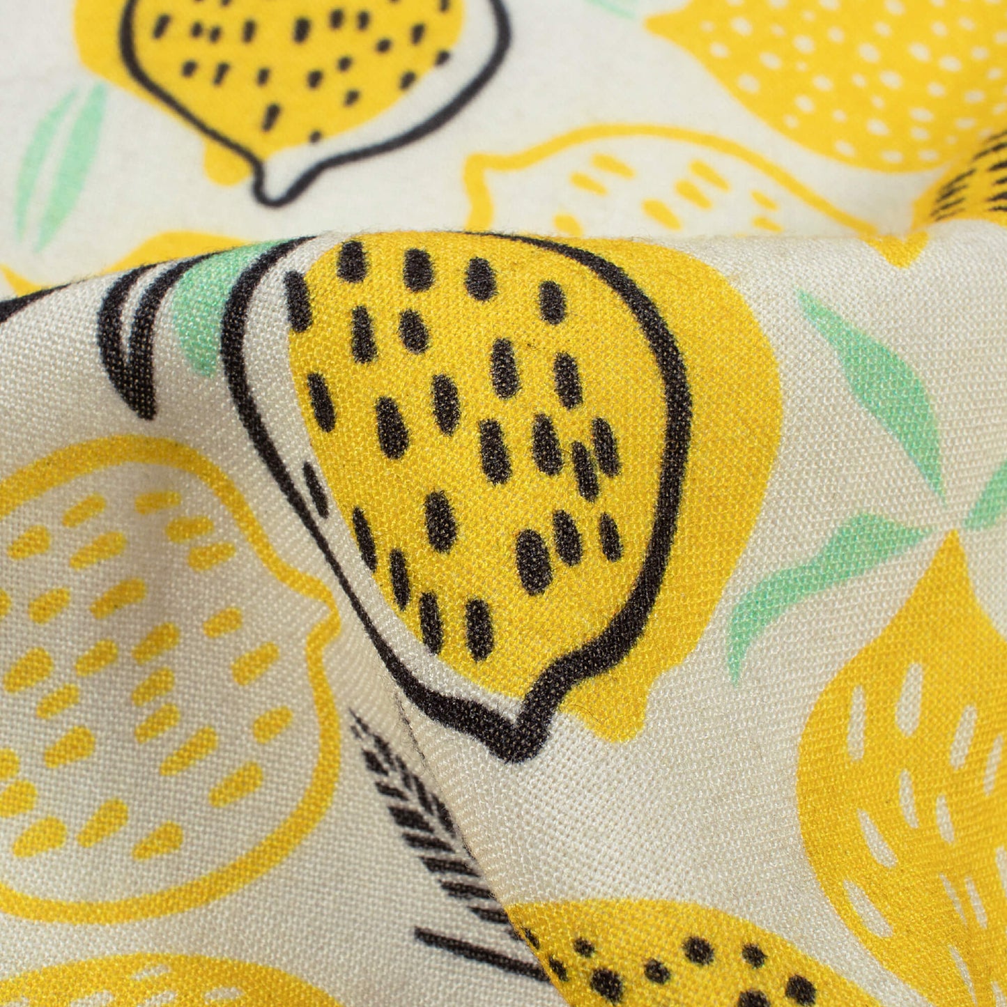 Lemon Yellow And Black Quirky Pattern Digital Print Viscose Rayon Fabric (Width 58 Inches)