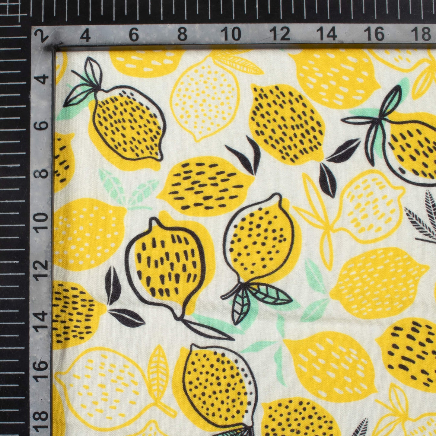 Lemon Yellow And Black Quirky Pattern Digital Print Viscose Rayon Fabric (Width 58 Inches)