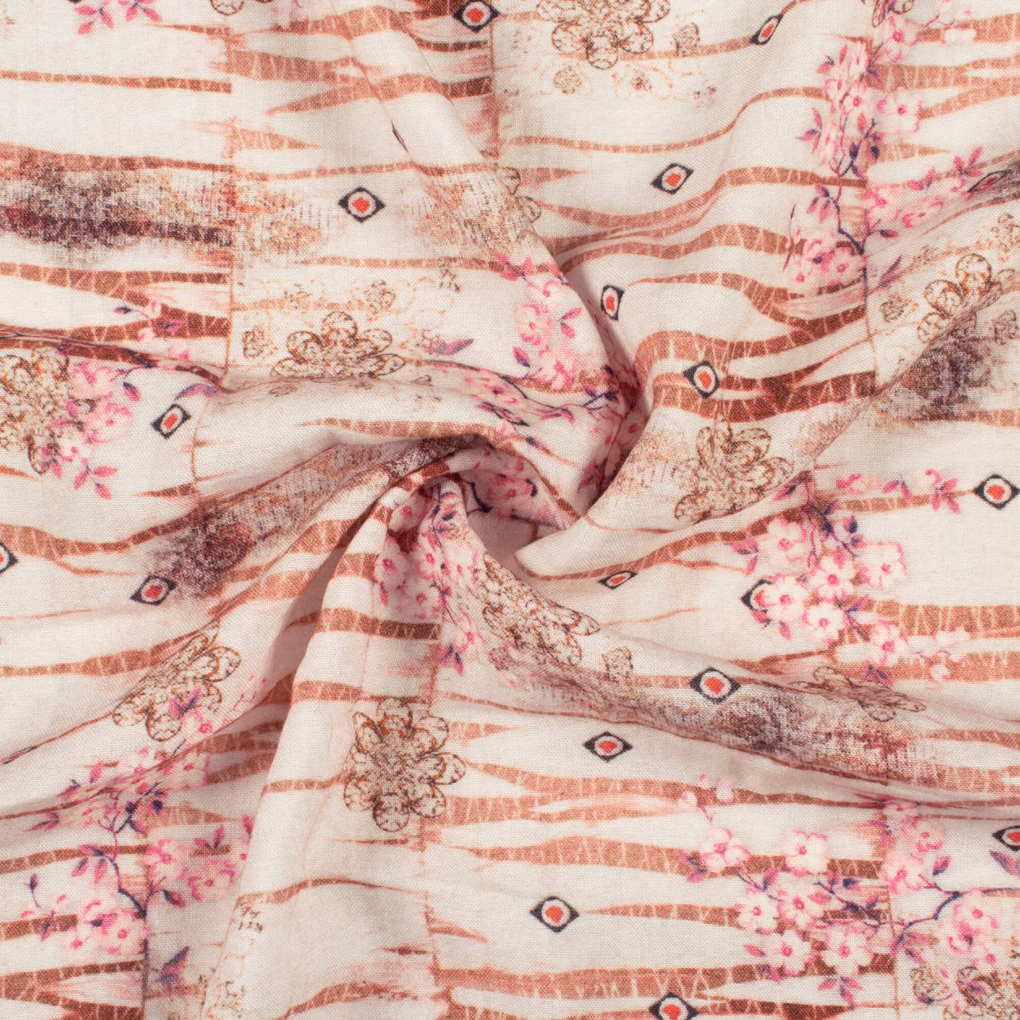 Macaroon Cream And Pale Pink Floral Pattern Digital Print Viscose Rayon Fabric (Width 58 Inches)
