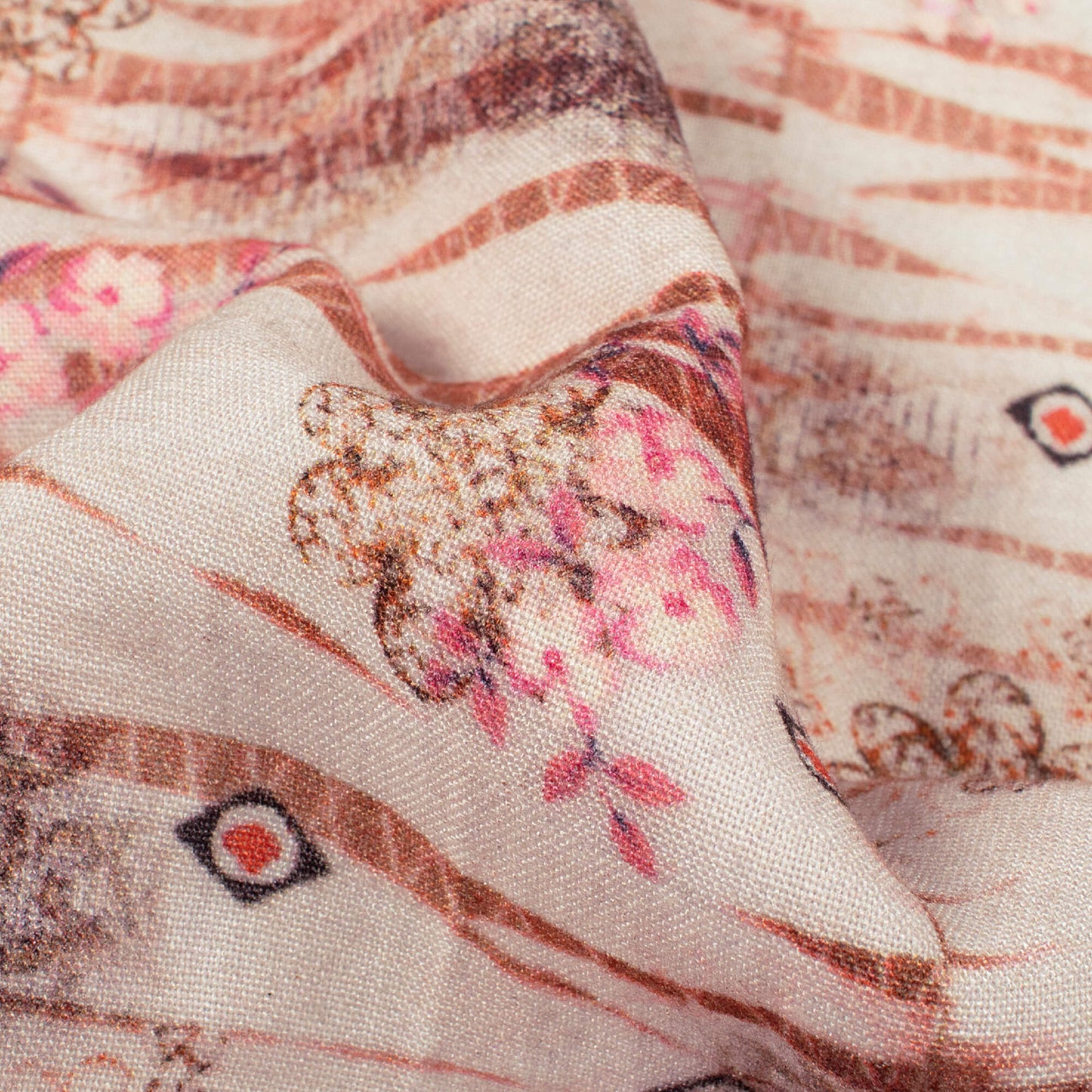 Macaroon Cream And Pale Pink Floral Pattern Digital Print Viscose Rayon Fabric (Width 58 Inches)