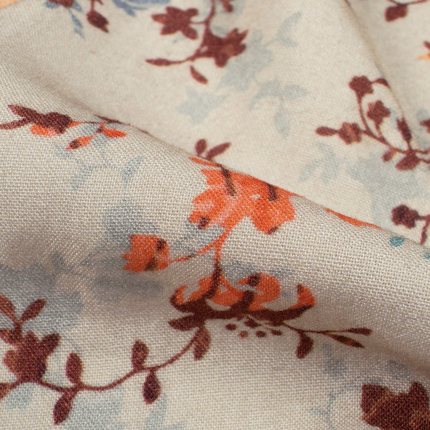 Beige And Dark Brown Floral Pattern Digital Print Viscose Rayon Fabric (Width 58 Inches)