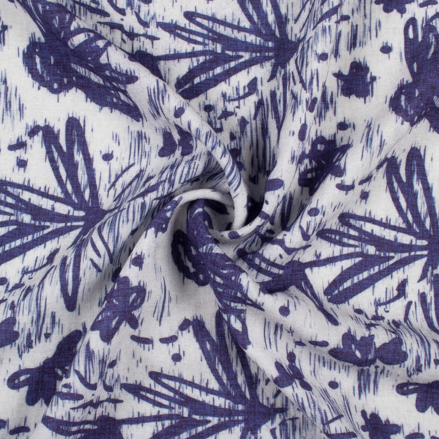 Navy Blue And White Floral Pattern Digital Print Viscose Rayon Fabric (Width 58 Inches)