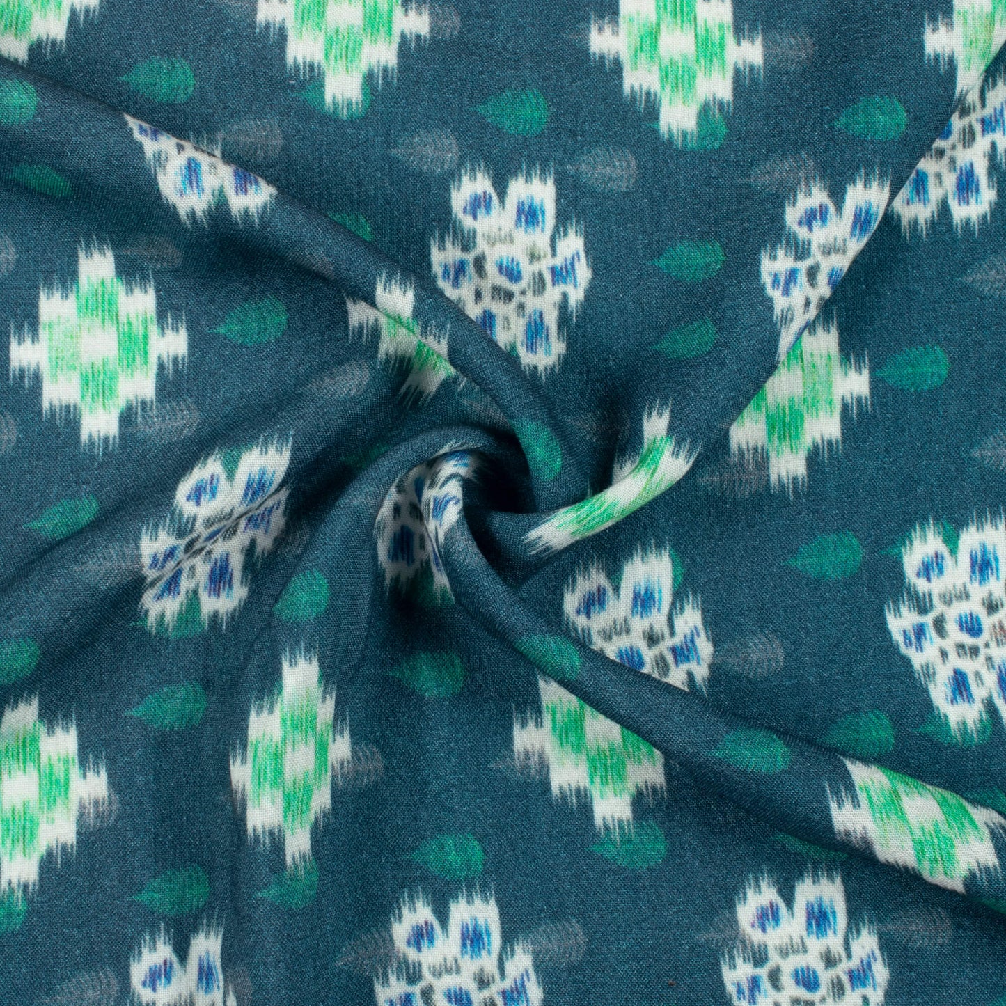 Pine Green And White Geometric Pattern Digital Print Viscose Rayon Fabric (Width 58 Inches)