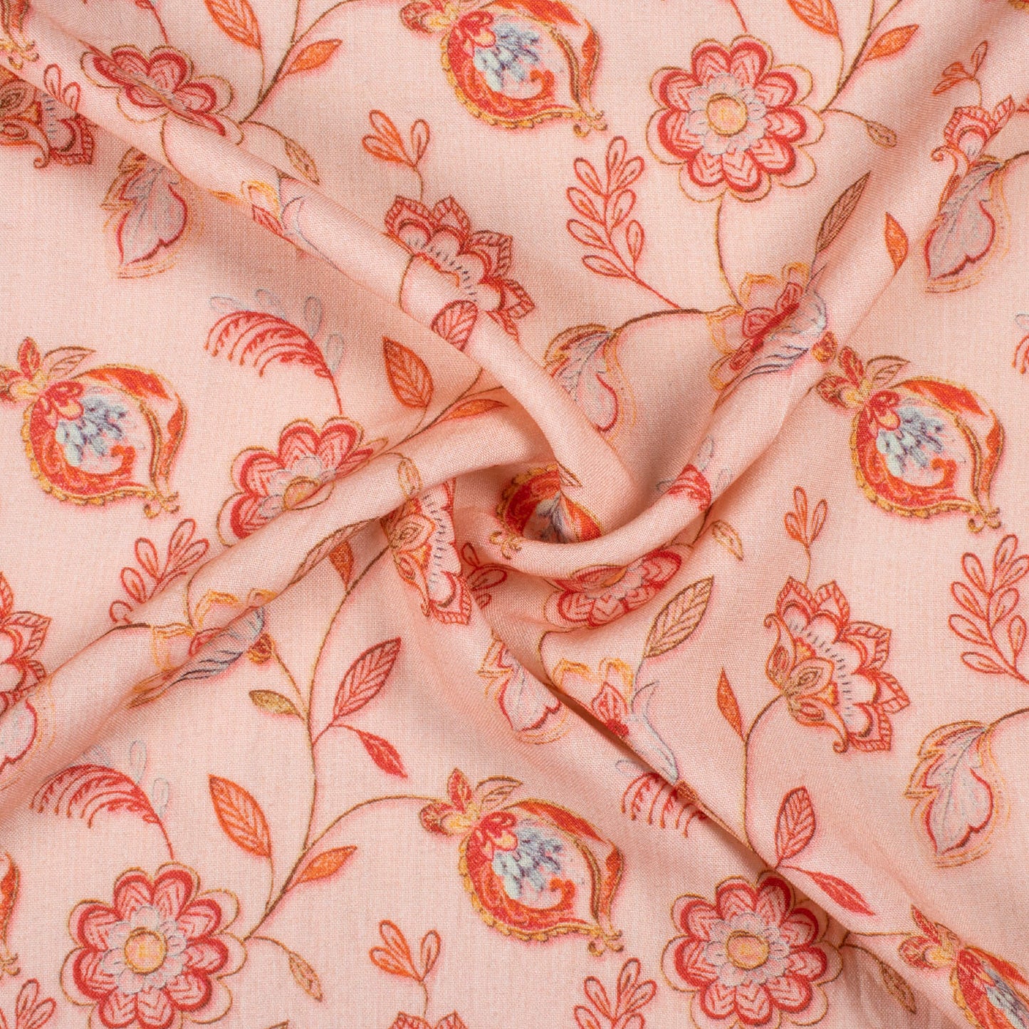 Pastel Peach And Red Floral Pattern Digital Print Viscose Rayon Fabric (Width 58 Inches)