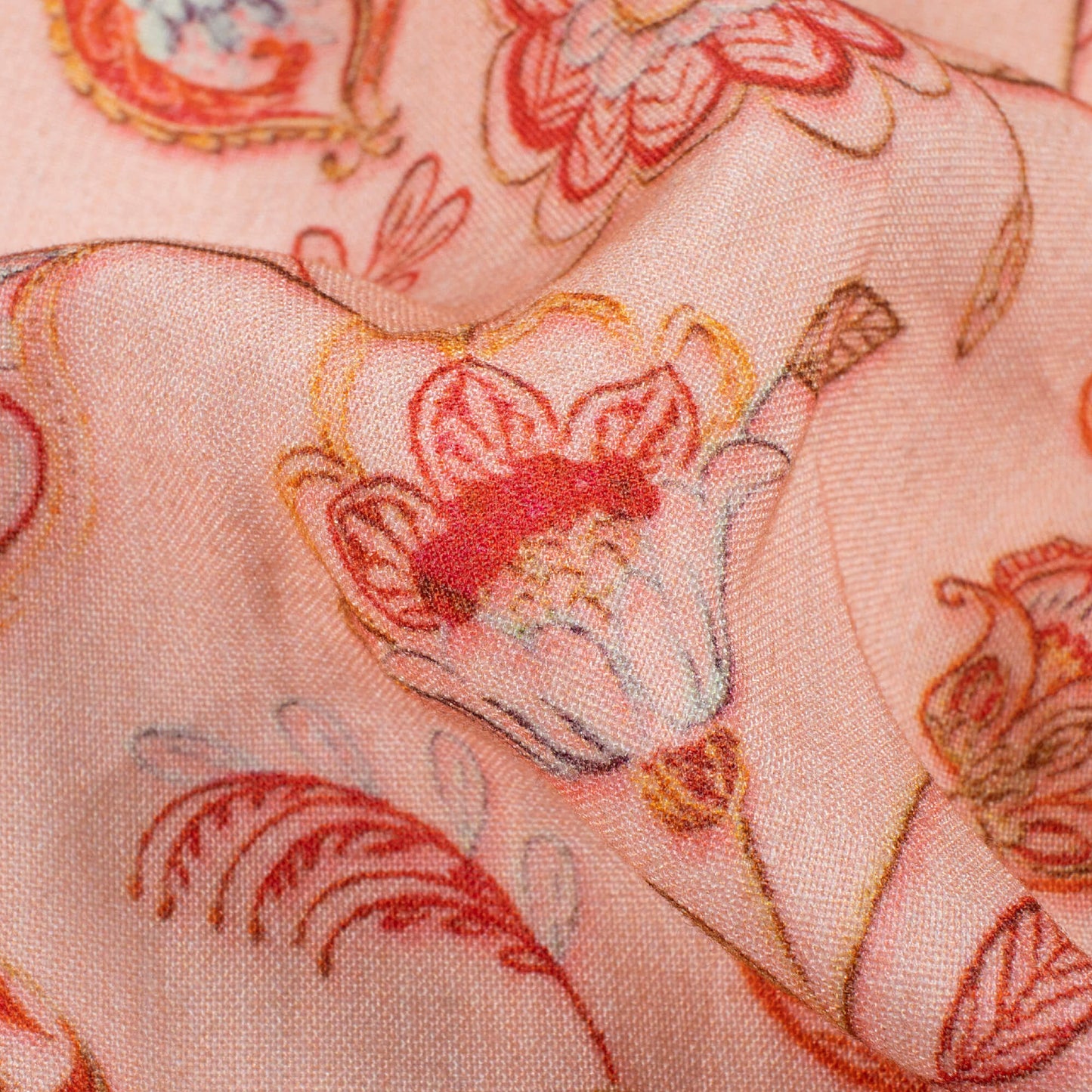 Pastel Peach And Red Floral Pattern Digital Print Viscose Rayon Fabric (Width 58 Inches)