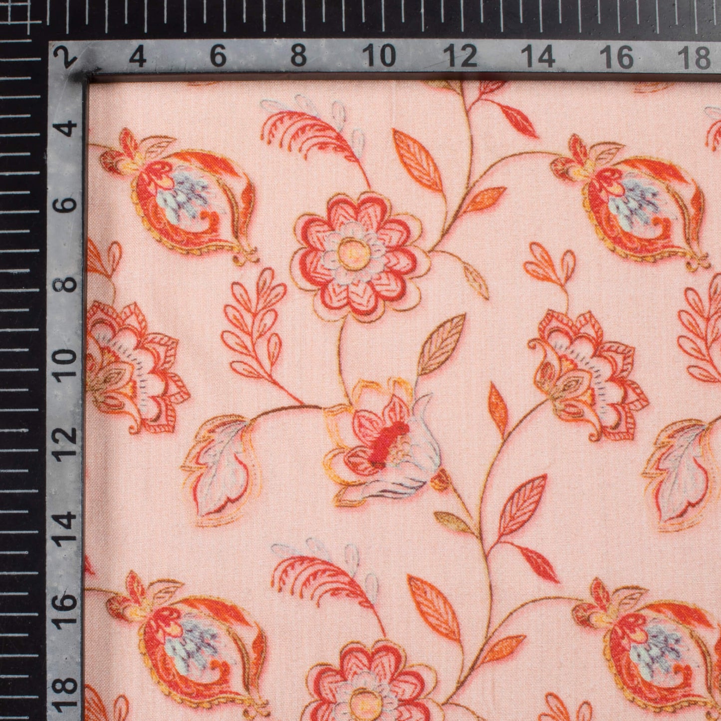 Pastel Peach And Red Floral Pattern Digital Print Viscose Rayon Fabric (Width 58 Inches)