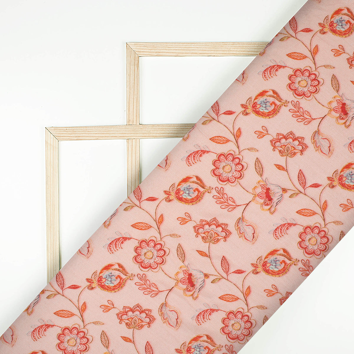 Pastel Peach And Red Floral Pattern Digital Print Viscose Rayon Fabric (Width 58 Inches)