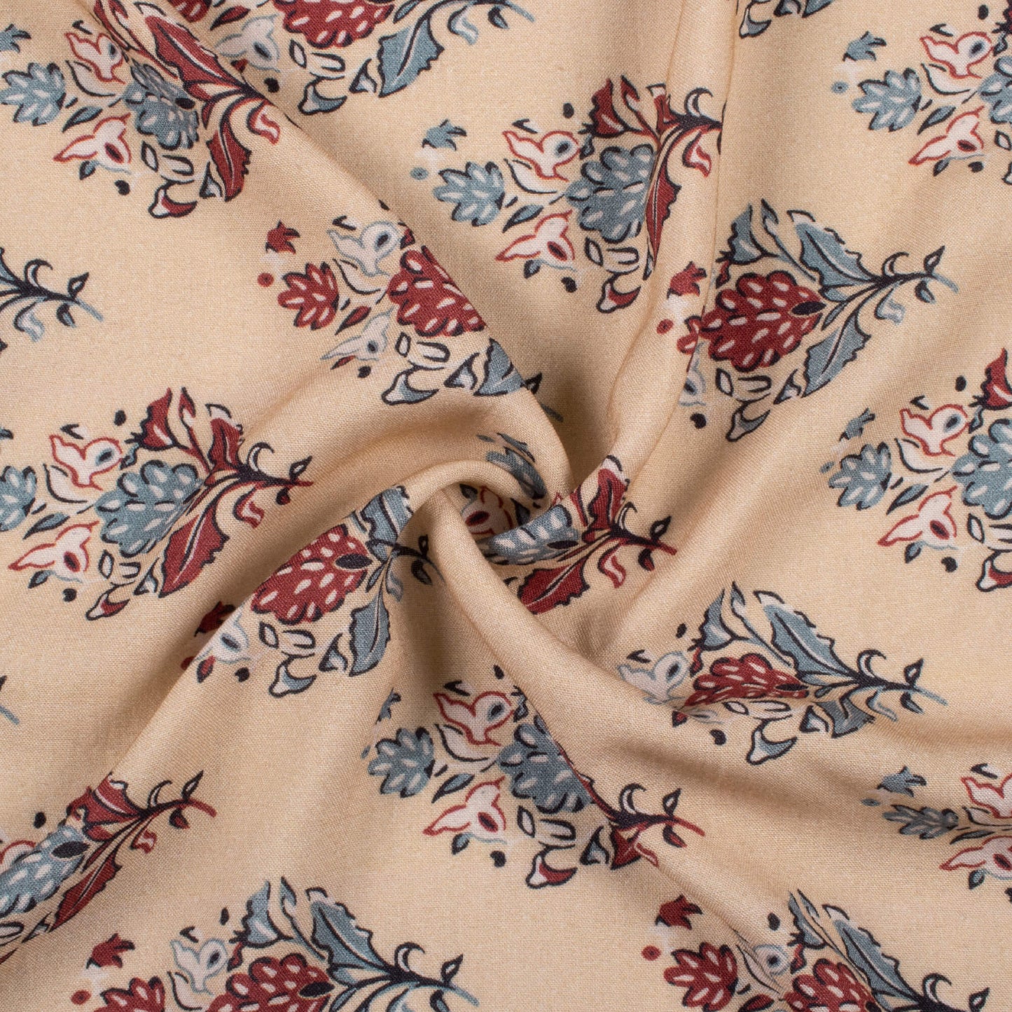 Oat Beige And Maroon Floral Pattern Digital Print Viscose Rayon Fabric (Width 58 Inches)