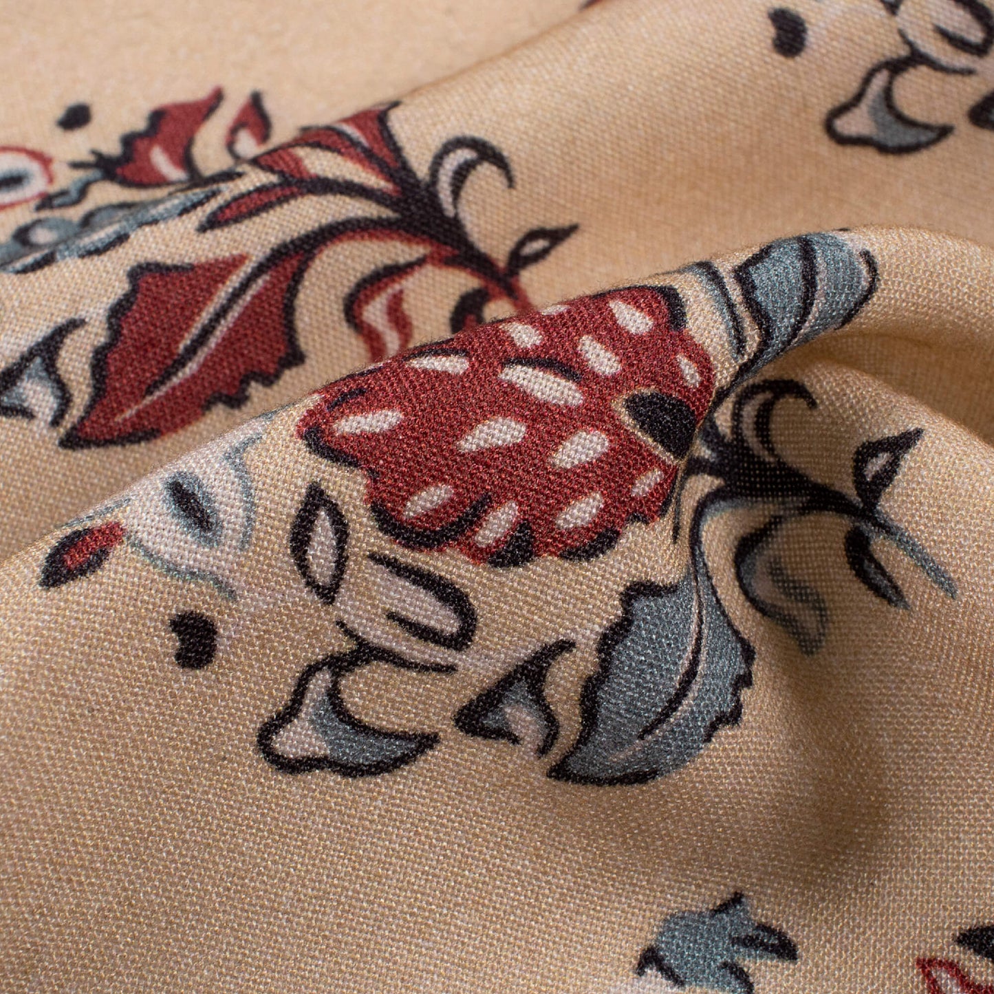 Oat Beige And Maroon Floral Pattern Digital Print Viscose Rayon Fabric (Width 58 Inches)