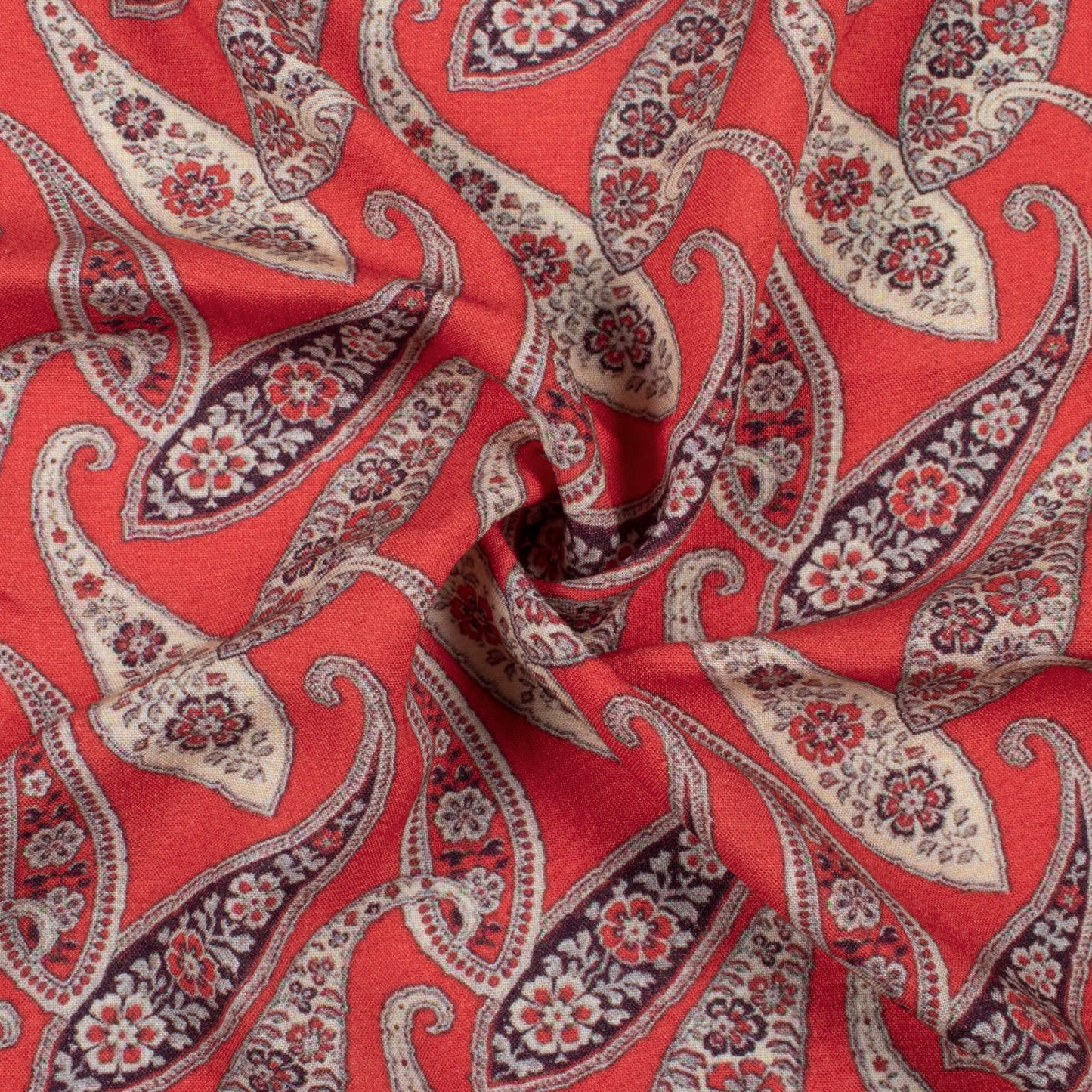 Vermilion Red And Beige Paisley Pattern Digital Print Viscose Rayon Fabric (Width 58 Inches)