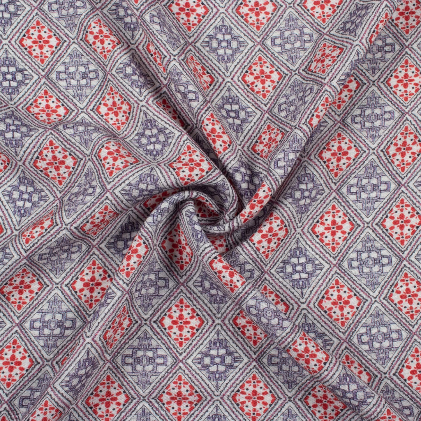 Vermilion Red And Blue Geometric Pattern Digital Print Viscose Rayon Fabric (Width 58 Inches)