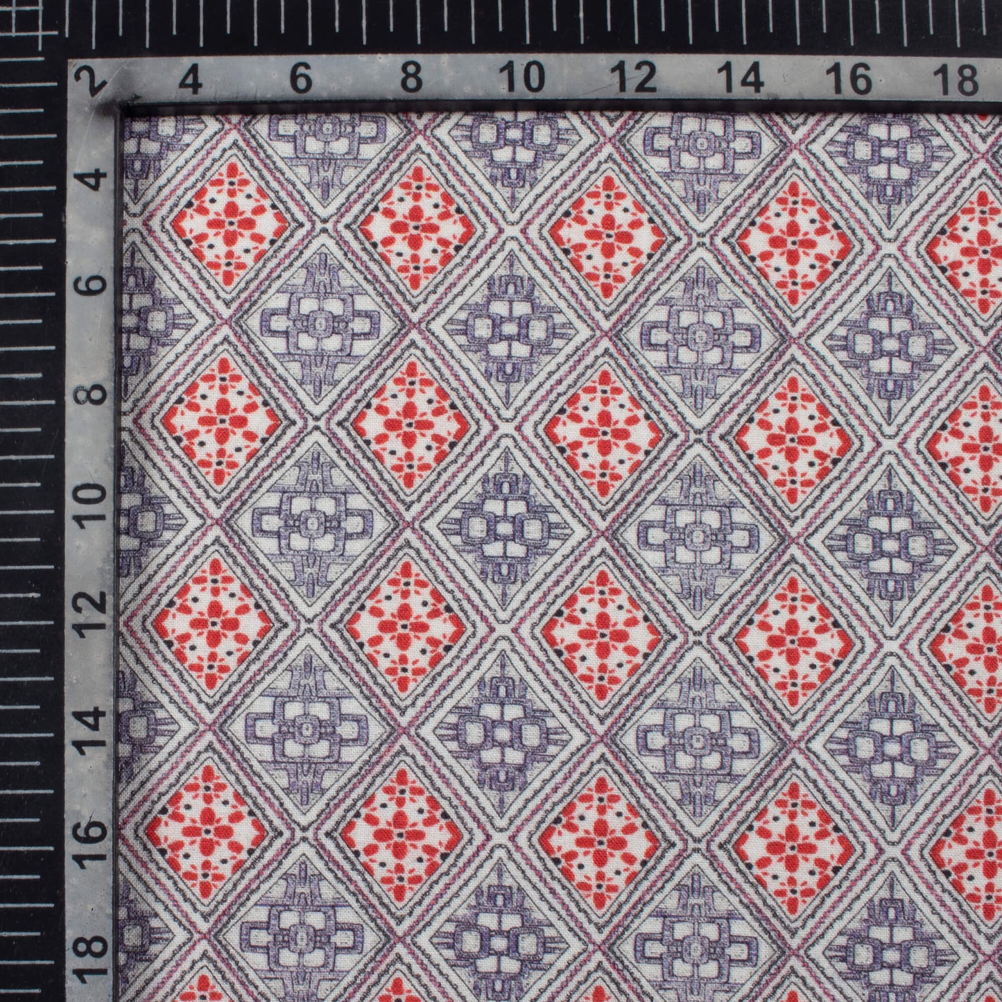 Vermilion Red And Blue Geometric Pattern Digital Print Viscose Rayon Fabric (Width 58 Inches)
