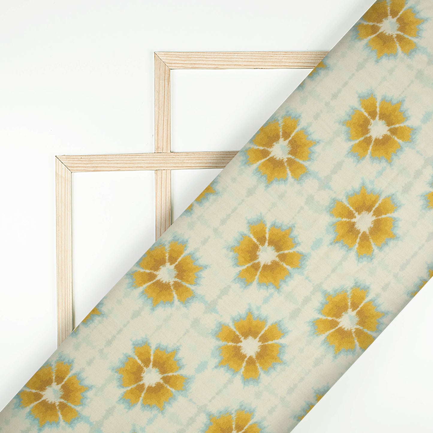 Ivory Cream And Dijon Yellow Shiiborii Pattern Digital Print Viscose Rayon Fabric (Width 58 Inches)
