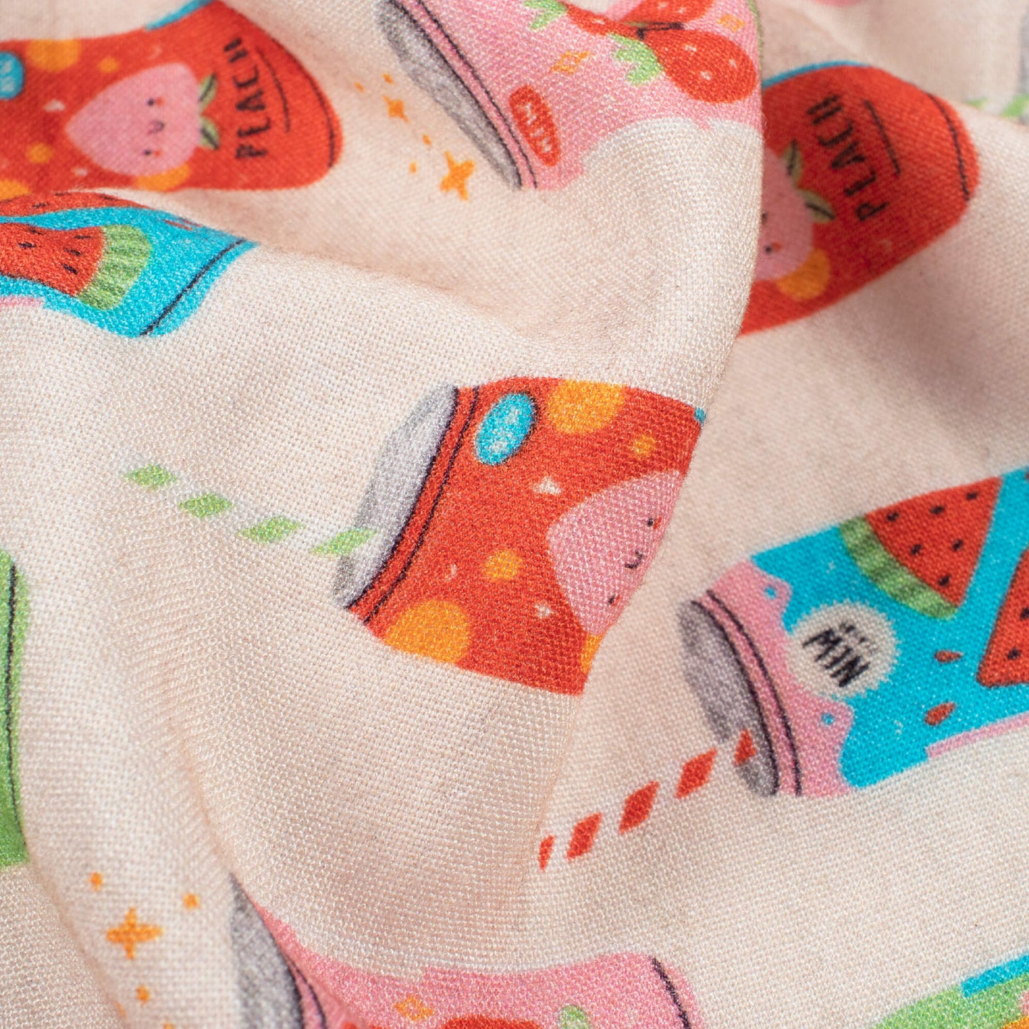 Pastel Peach And Vermilion Red Quirky Pattern Digital Print Viscose Rayon Fabric (Width 58 Inches)