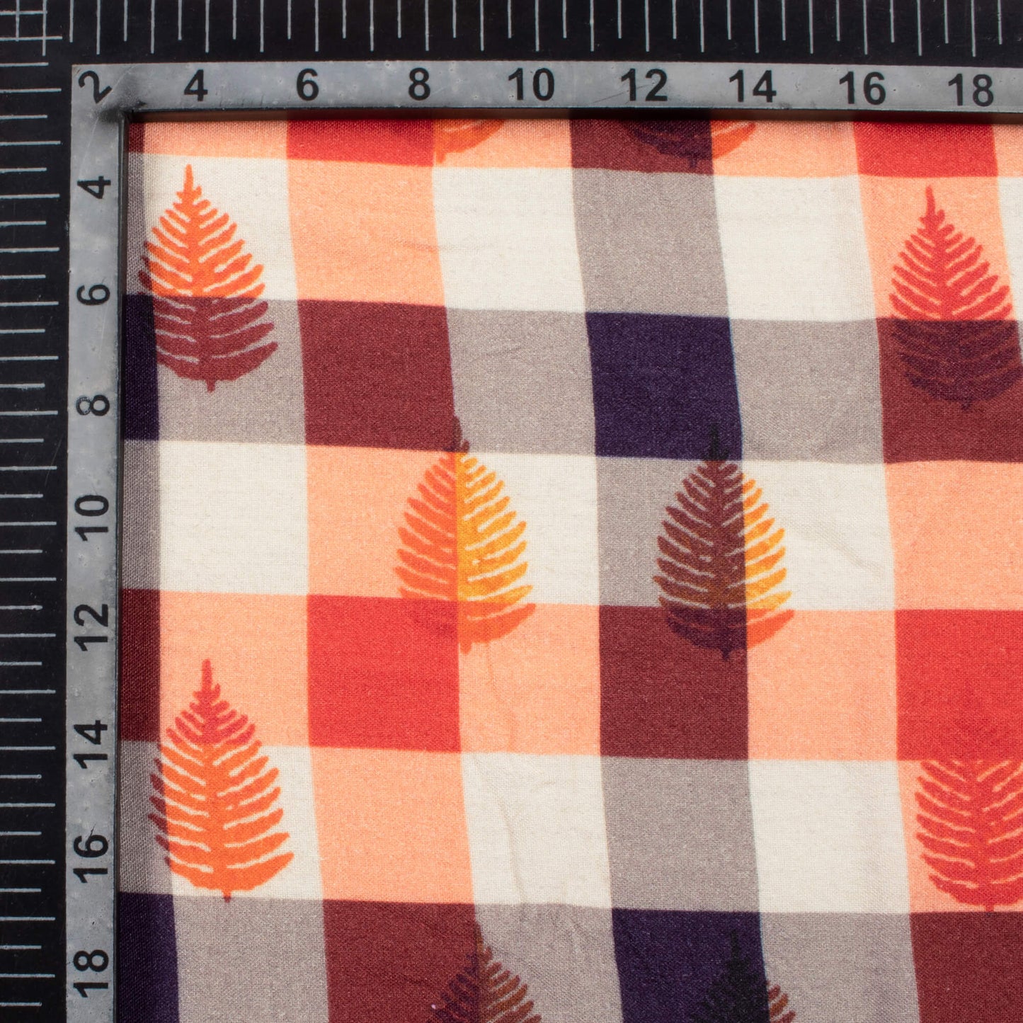 Coral Peach And Vermilion Red Checks Pattern Digital Print Viscose Rayon Fabric (Width 58 Inches)