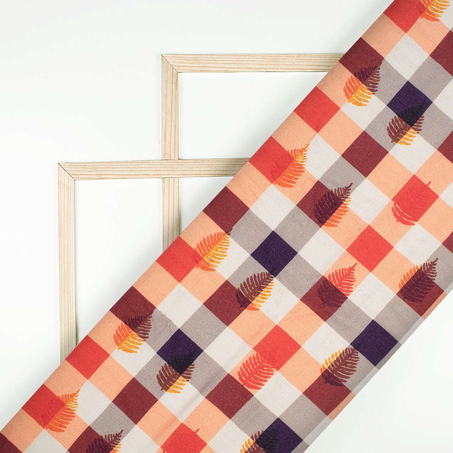Coral Peach And Vermilion Red Checks Pattern Digital Print Viscose Rayon Fabric (Width 58 Inches)
