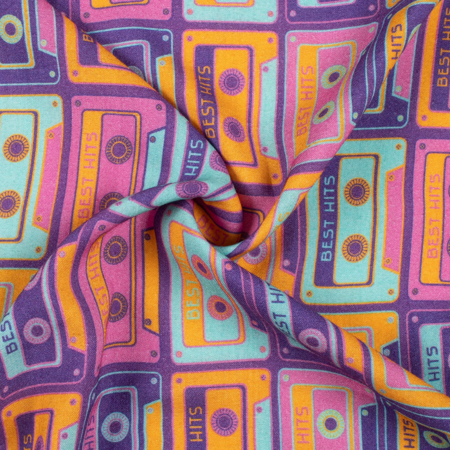 Plum Purple And Sky Blue Quirky Pattern Digital Print Viscose Rayon Fabric (Width 58 Inches)