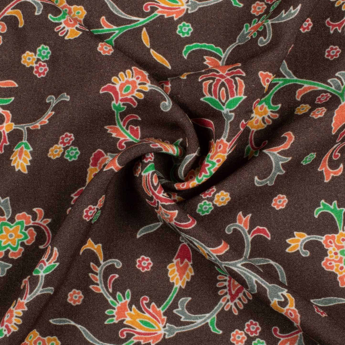 Coffee Brown And Orange Floral Pattern Digital Print Viscose Rayon Fabric (Width 58 Inches)