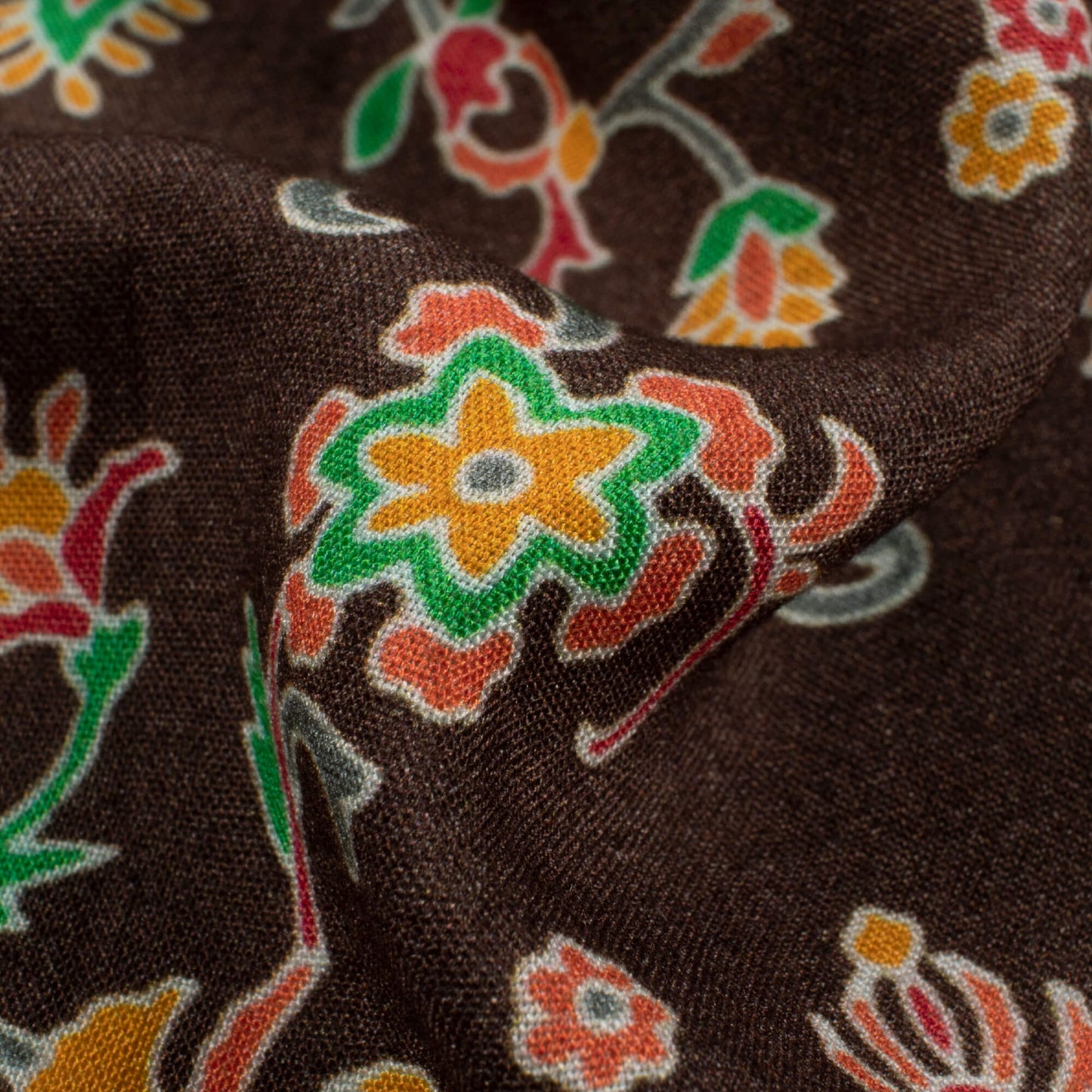 Coffee Brown And Orange Floral Pattern Digital Print Viscose Rayon Fabric (Width 58 Inches)