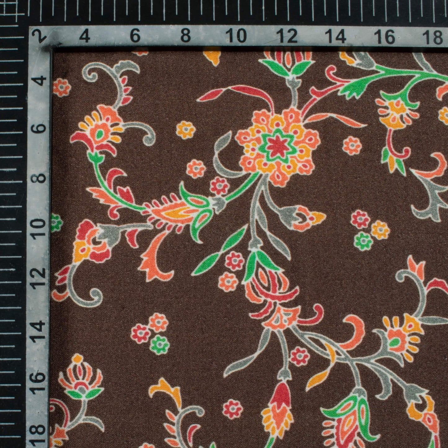 Coffee Brown And Orange Floral Pattern Digital Print Viscose Rayon Fabric (Width 58 Inches)