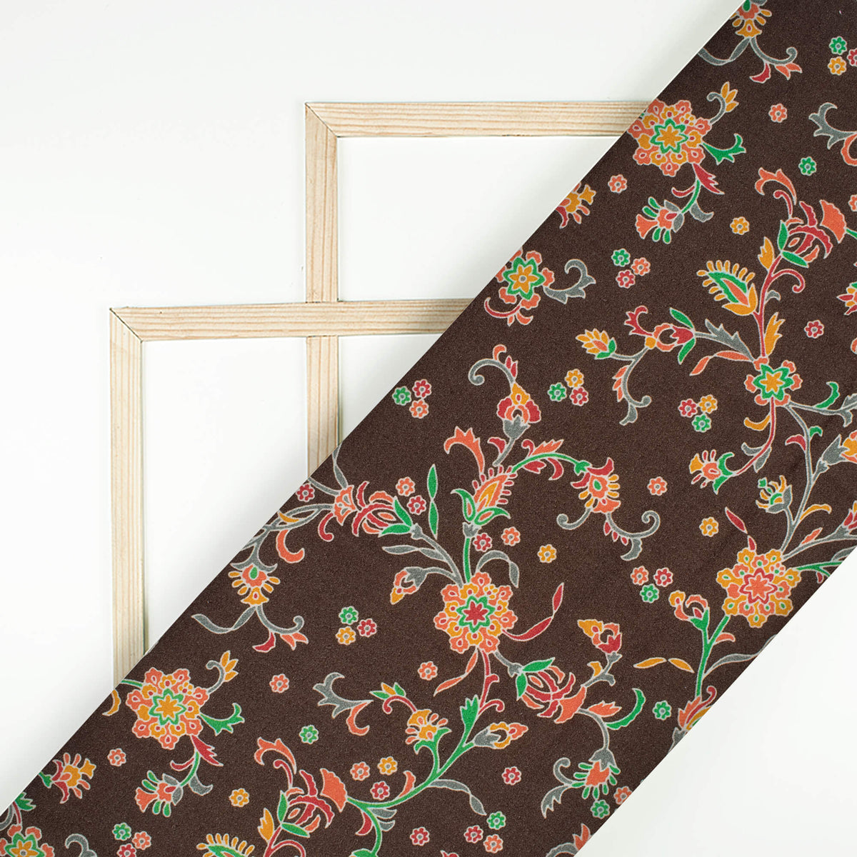 Coffee Brown And Orange Floral Pattern Digital Print Viscose Rayon Fabric (Width 58 Inches)