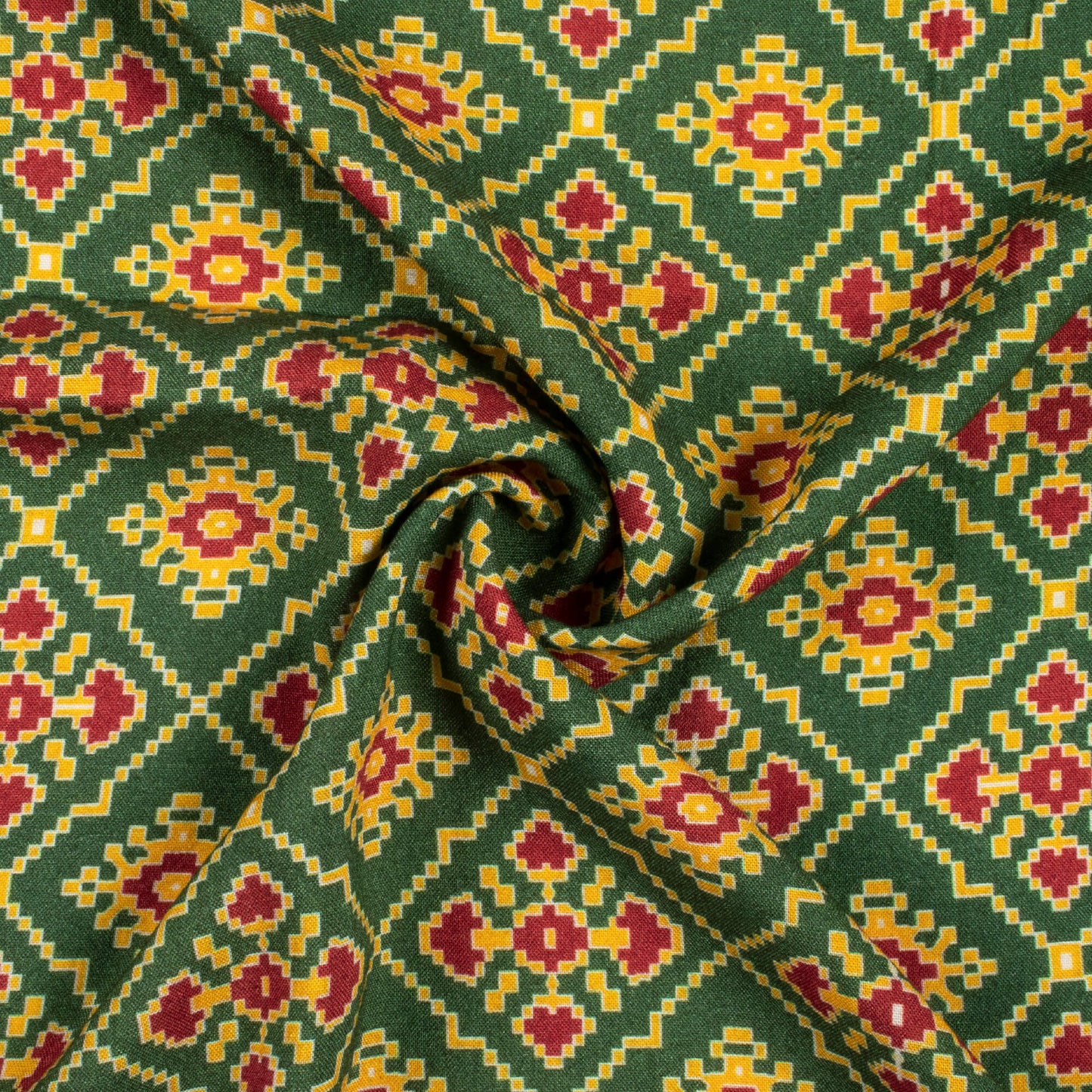 Forest Green And Blood Red Patolaa Pattern Digital Print Viscose Rayon Fabric (Width 58 Inches)