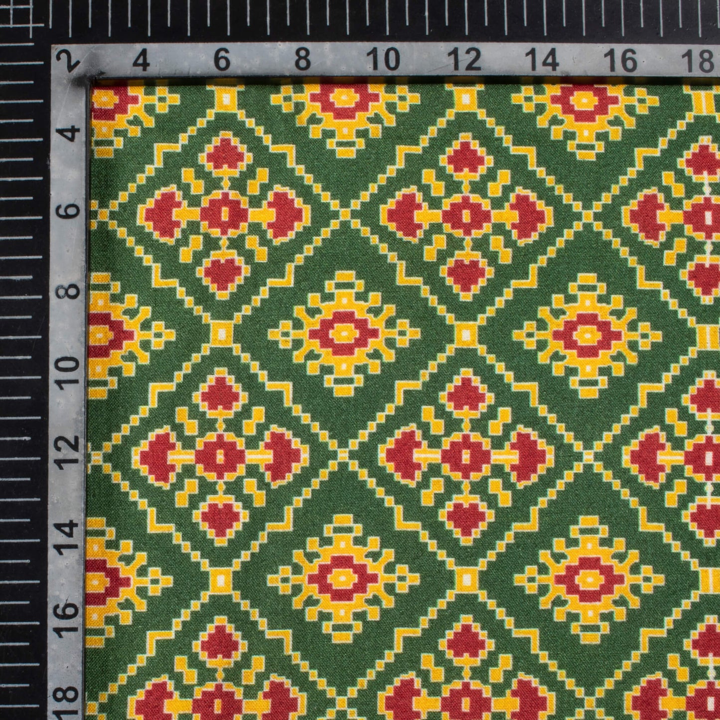 Forest Green And Blood Red Patolaa Pattern Digital Print Viscose Rayon Fabric (Width 58 Inches)
