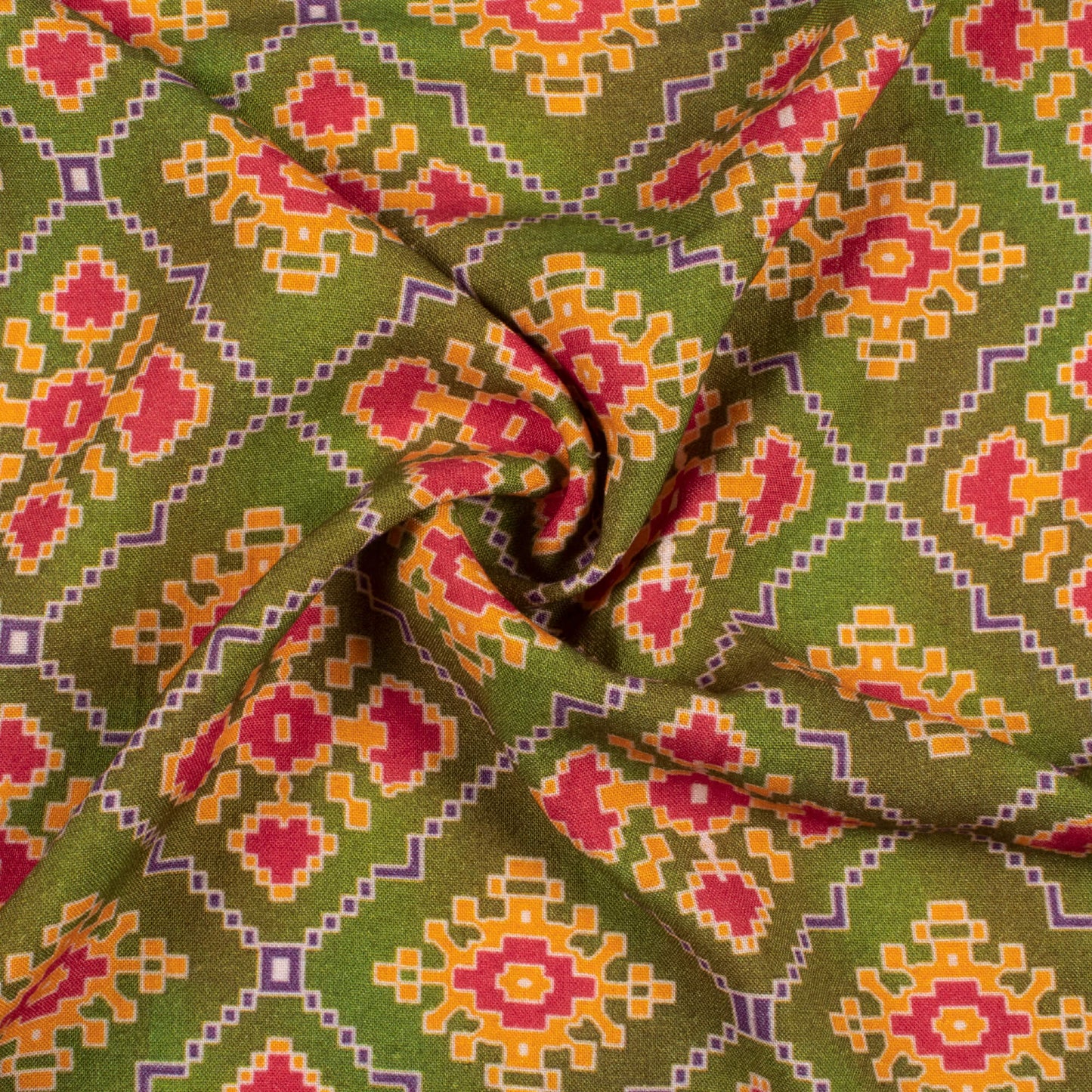 Olive Green And Red Patolaa Pattern Digital Print Viscose Rayon Fabric (Width 58 Inches)