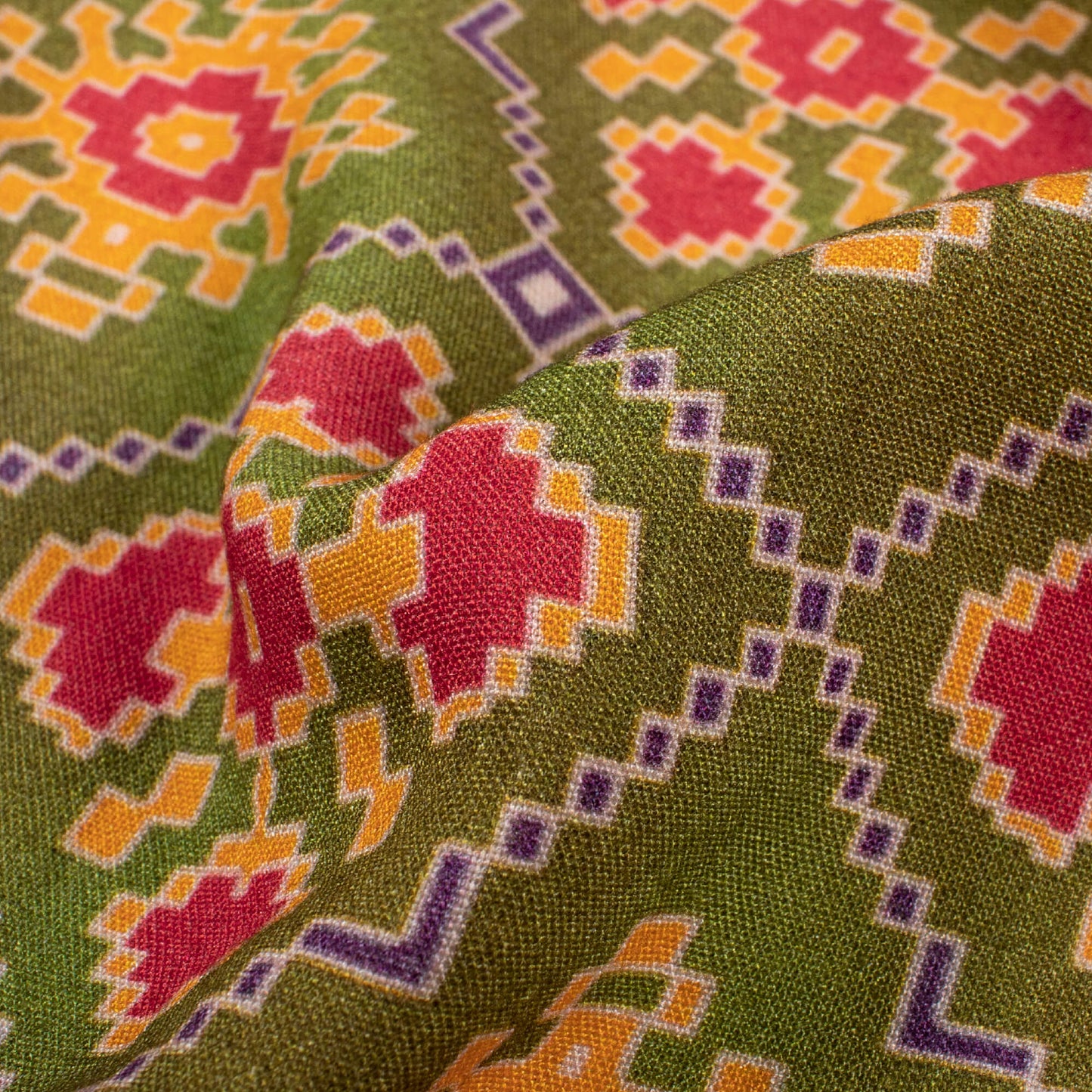 Olive Green And Red Patolaa Pattern Digital Print Viscose Rayon Fabric (Width 58 Inches)