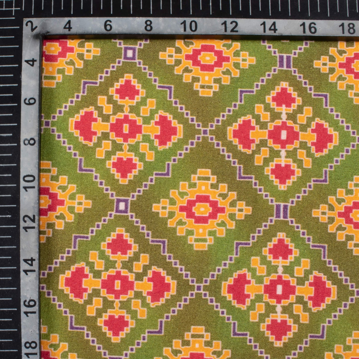Olive Green And Red Patolaa Pattern Digital Print Viscose Rayon Fabric (Width 58 Inches)