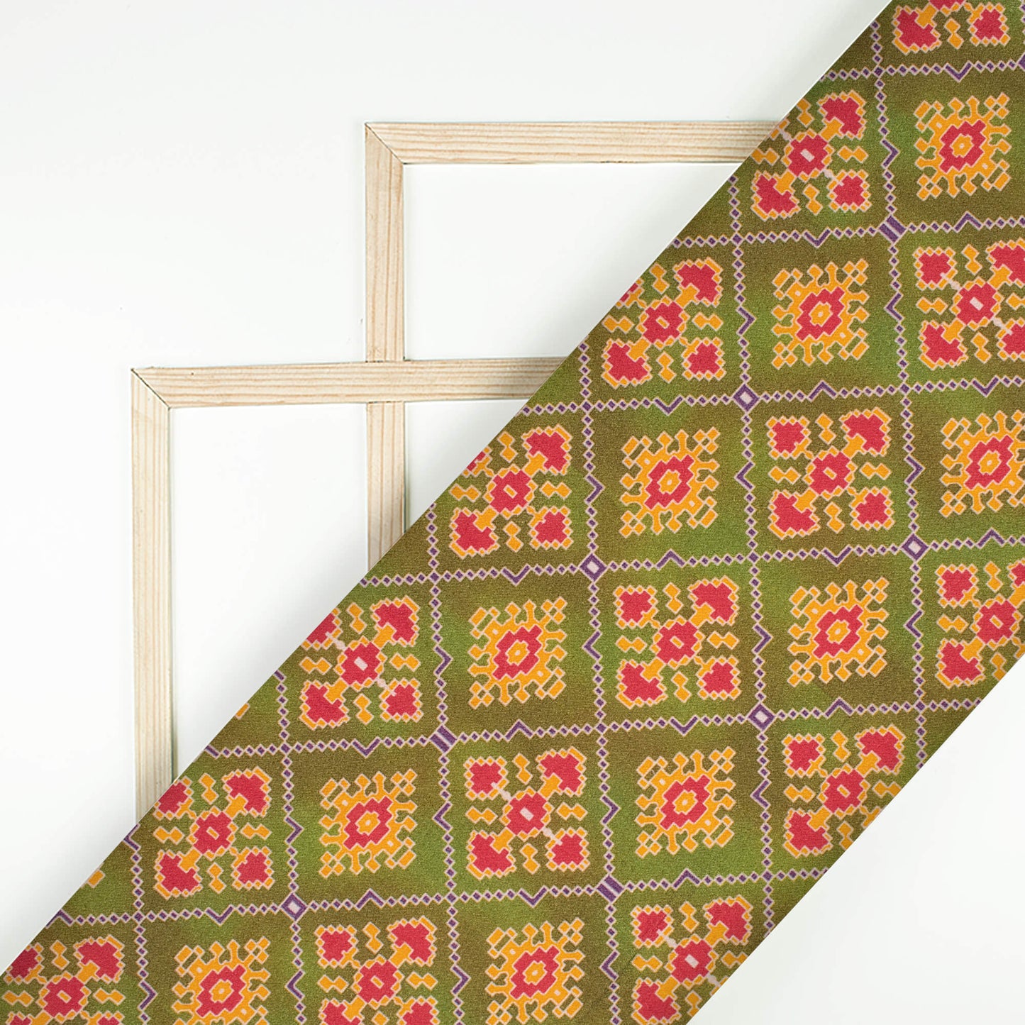 Olive Green And Red Patolaa Pattern Digital Print Viscose Rayon Fabric (Width 58 Inches)