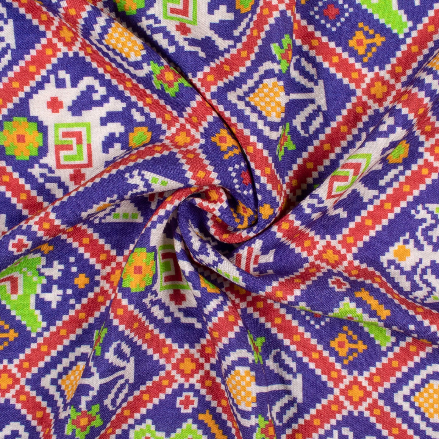 Berry Blue And Green Patolaa Pattern Digital Print Viscose Rayon Fabric (Width 58 Inches)
