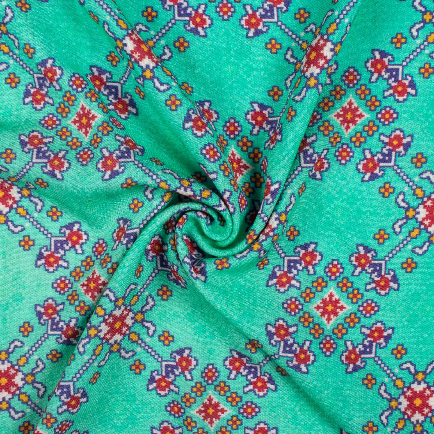Turquoise And Sangria Red Patolaa Pattern Digital Print Viscose Rayon Fabric (Width 58 Inches)
