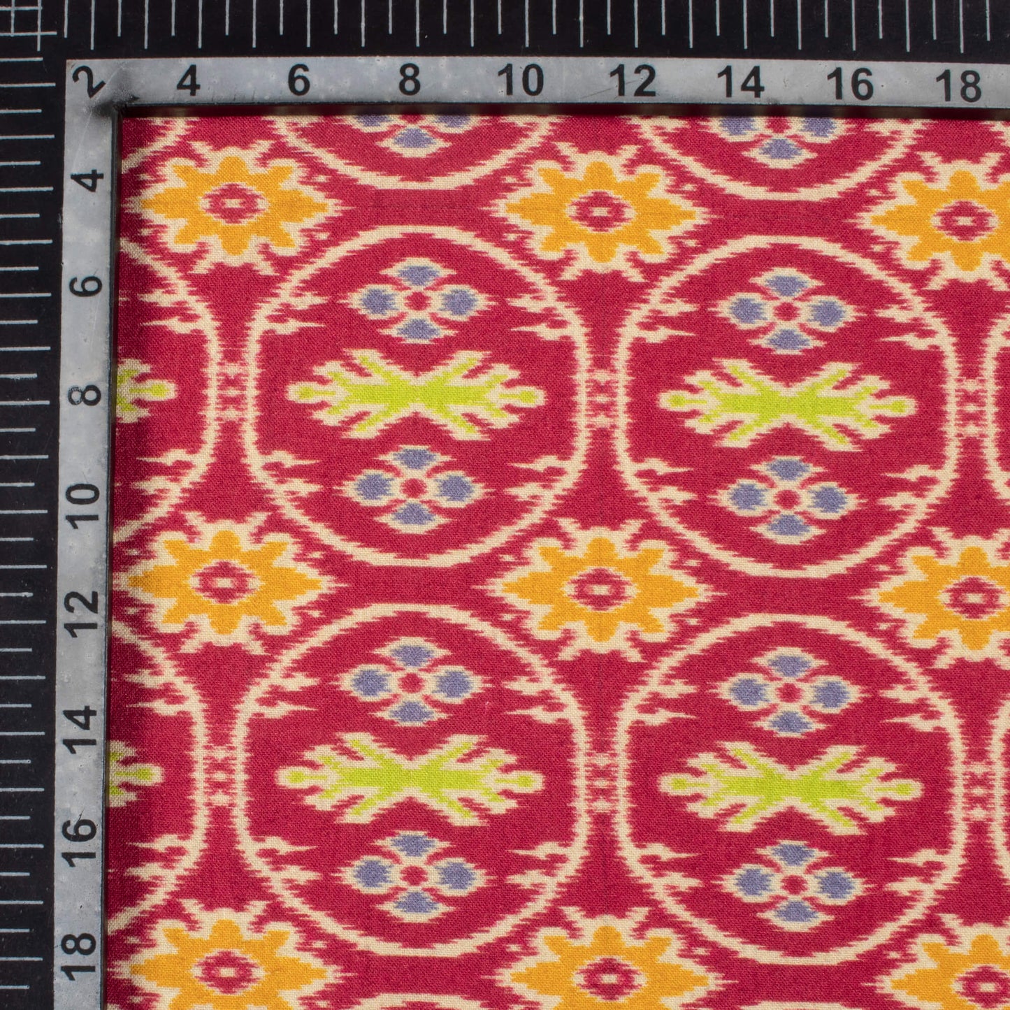 Sangria Red And Honey Yellow Patolaa Pattern Digital Print Viscose Rayon Fabric (Width 58 Inches)