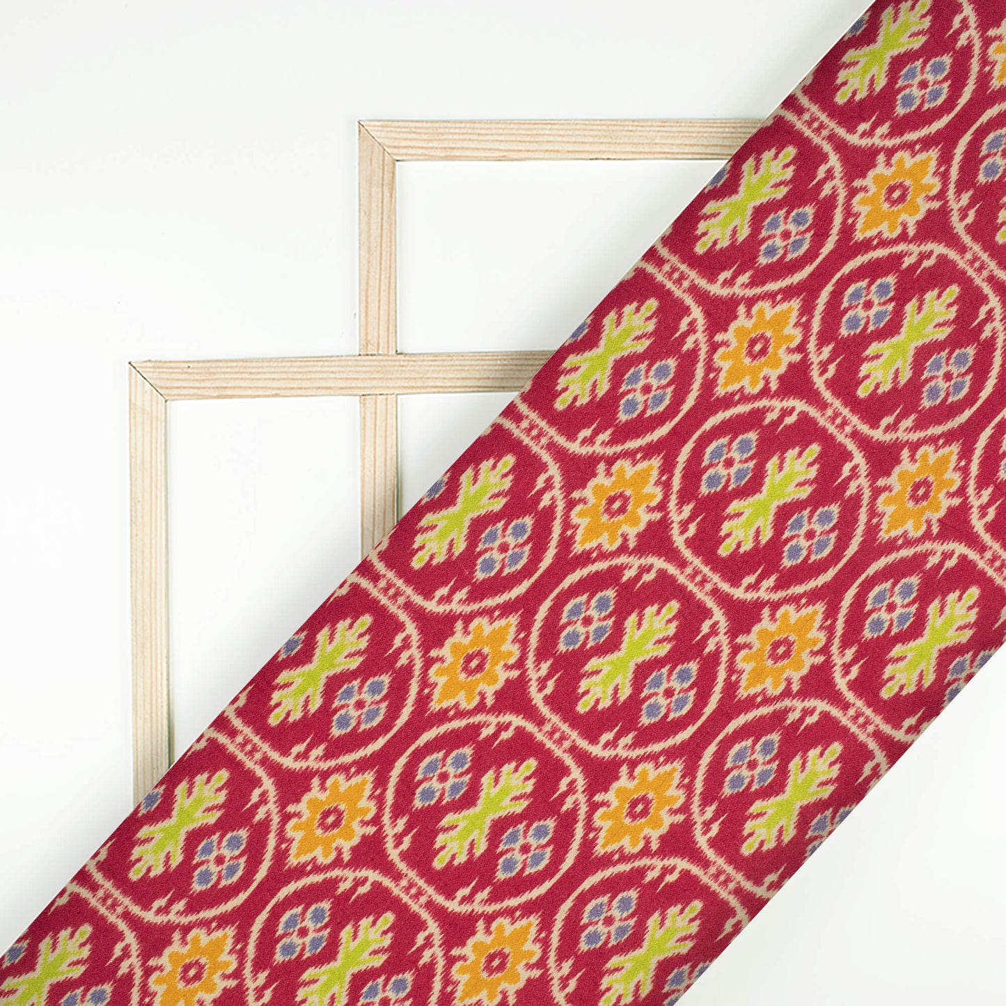 Sangria Red And Honey Yellow Patolaa Pattern Digital Print Viscose Rayon Fabric (Width 58 Inches)