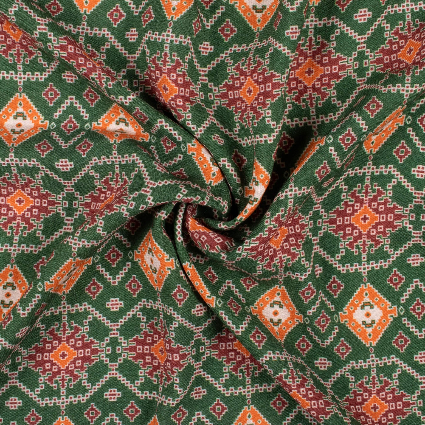 Forest Green And Ginger Orange Patolaa Pattern Digital Print Viscose Rayon Fabric (Width 58 Inches)