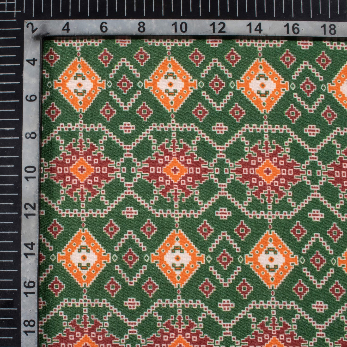 Forest Green And Ginger Orange Patolaa Pattern Digital Print Viscose Rayon Fabric (Width 58 Inches)