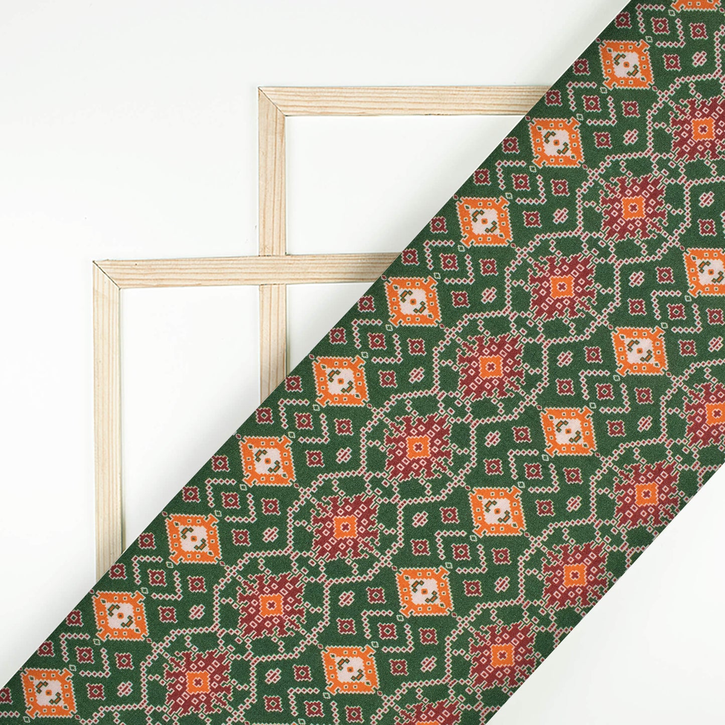 Forest Green And Ginger Orange Patolaa Pattern Digital Print Viscose Rayon Fabric (Width 58 Inches)