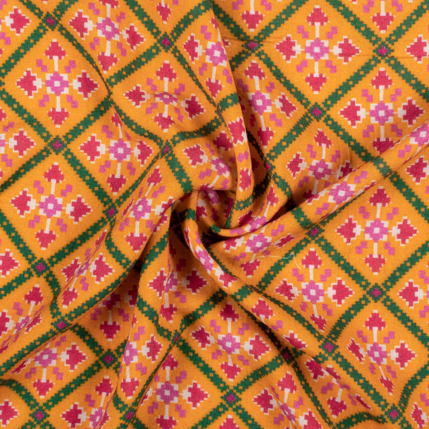 Sunrise Orange And Magenta Pink Patolaa Pattern Digital Print Viscose Rayon Fabric (Width 58 Inches)