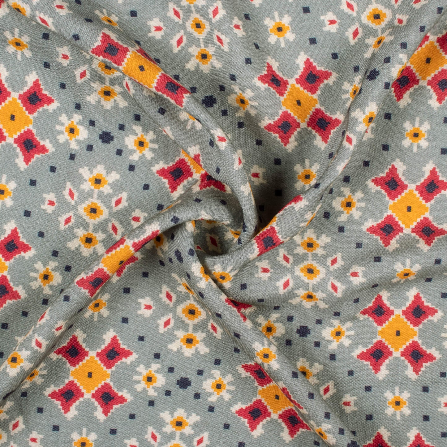 Pewter Grey And Sunrise Orange Patolaa Pattern Digital Print Viscose Rayon Fabric (Width 58 Inches)
