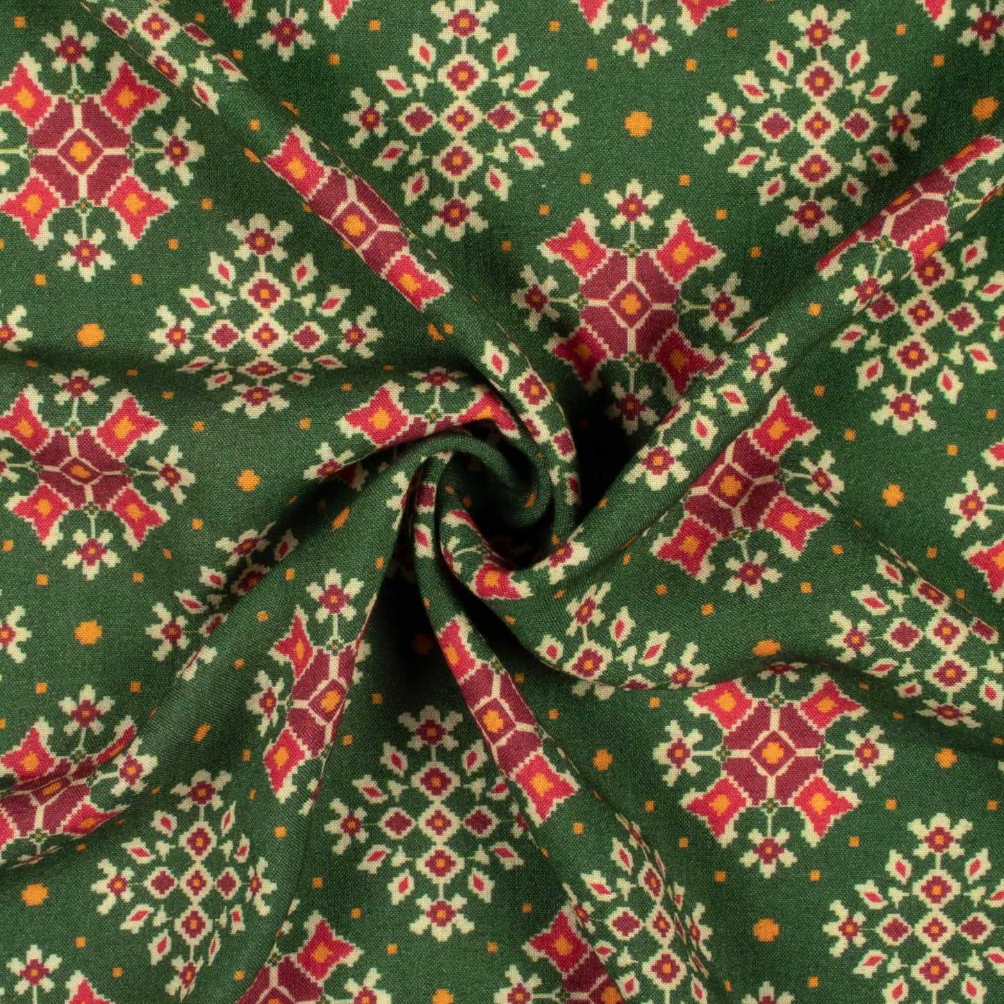 Forest Green And Blood Red Patolaa Pattern Digital Print Viscose Rayon Fabric (Width 58 Inches)