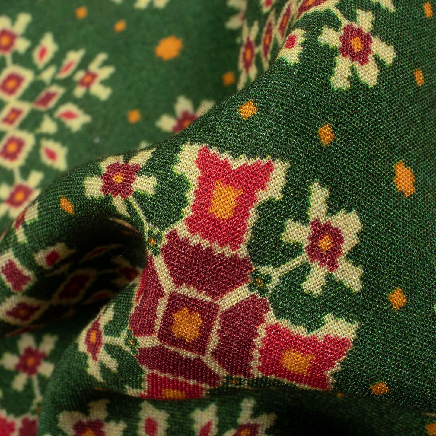 Forest Green And Blood Red Patolaa Pattern Digital Print Viscose Rayon Fabric (Width 58 Inches)