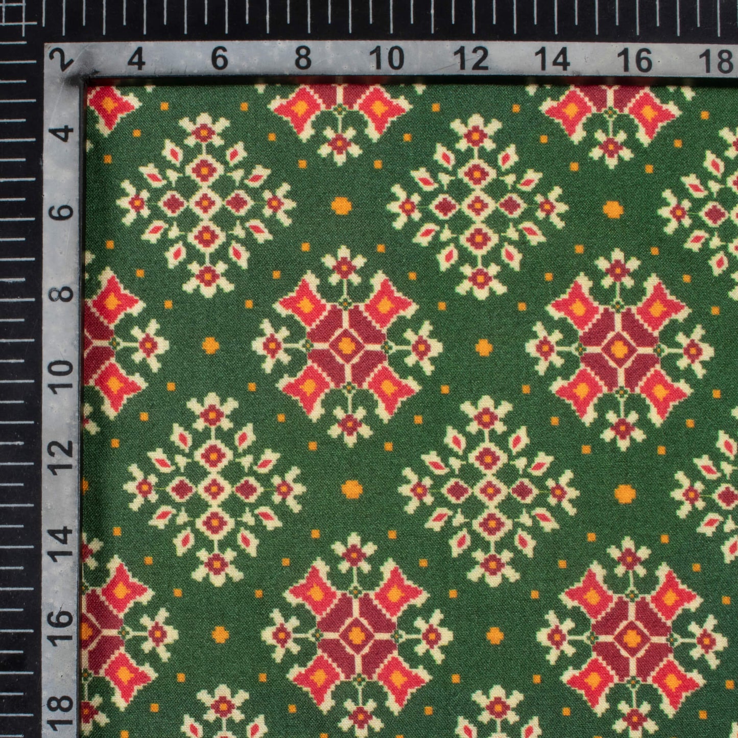 Forest Green And Blood Red Patolaa Pattern Digital Print Viscose Rayon Fabric (Width 58 Inches)