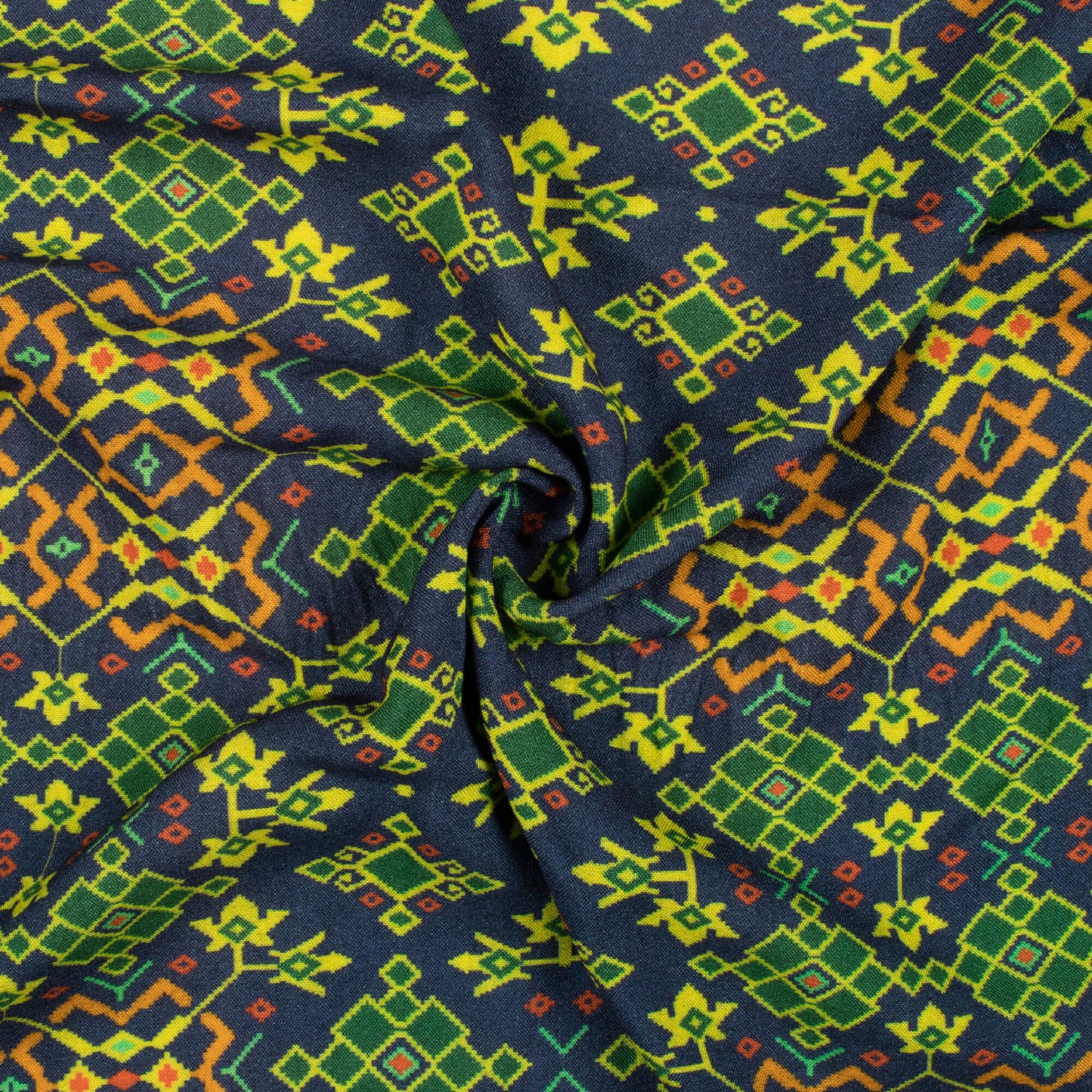 Prussian Blue And Pear Green Patolaa Pattern Digital Print Viscose Rayon Fabric (Width 58 Inches)
