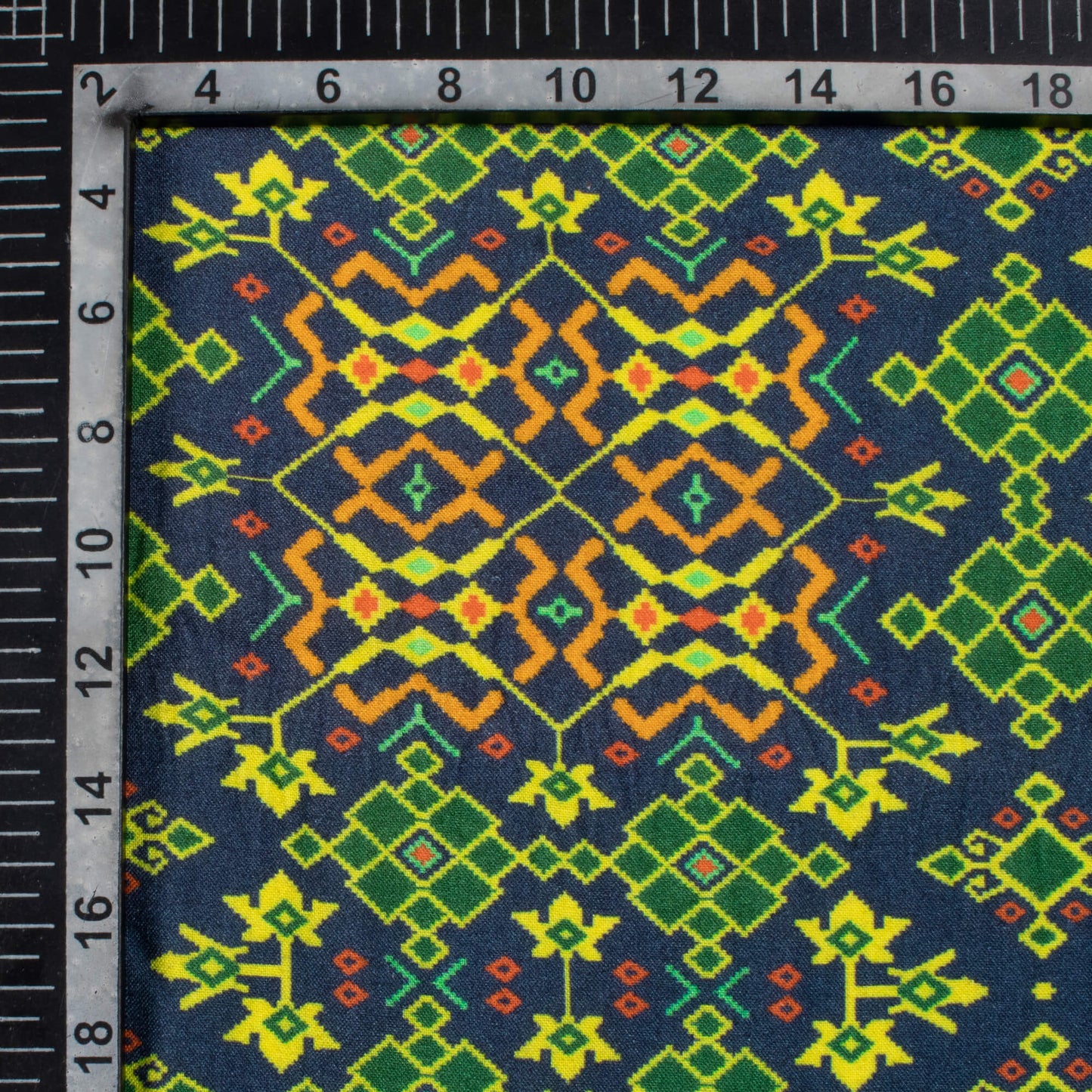 Prussian Blue And Pear Green Patolaa Pattern Digital Print Viscose Rayon Fabric (Width 58 Inches)