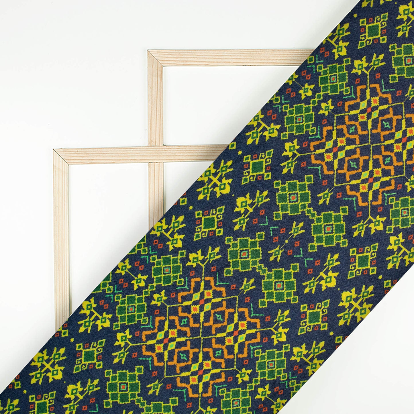 Prussian Blue And Pear Green Patolaa Pattern Digital Print Viscose Rayon Fabric (Width 58 Inches)