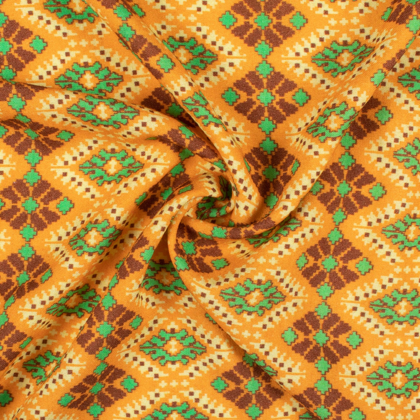 Merigold Orange And Fern Green Patolaa Pattern Digital Print Viscose Rayon Fabric (Width 58 Inches)