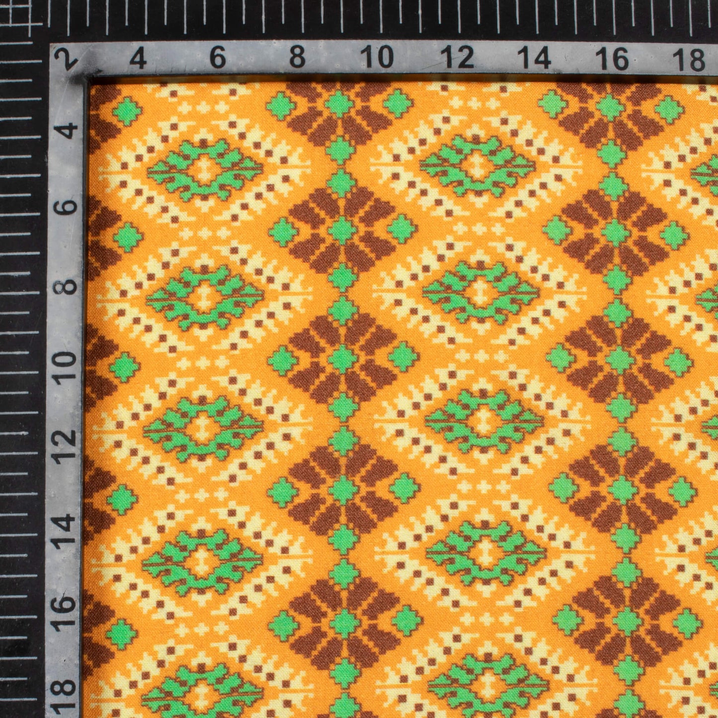 Merigold Orange And Fern Green Patolaa Pattern Digital Print Viscose Rayon Fabric (Width 58 Inches)