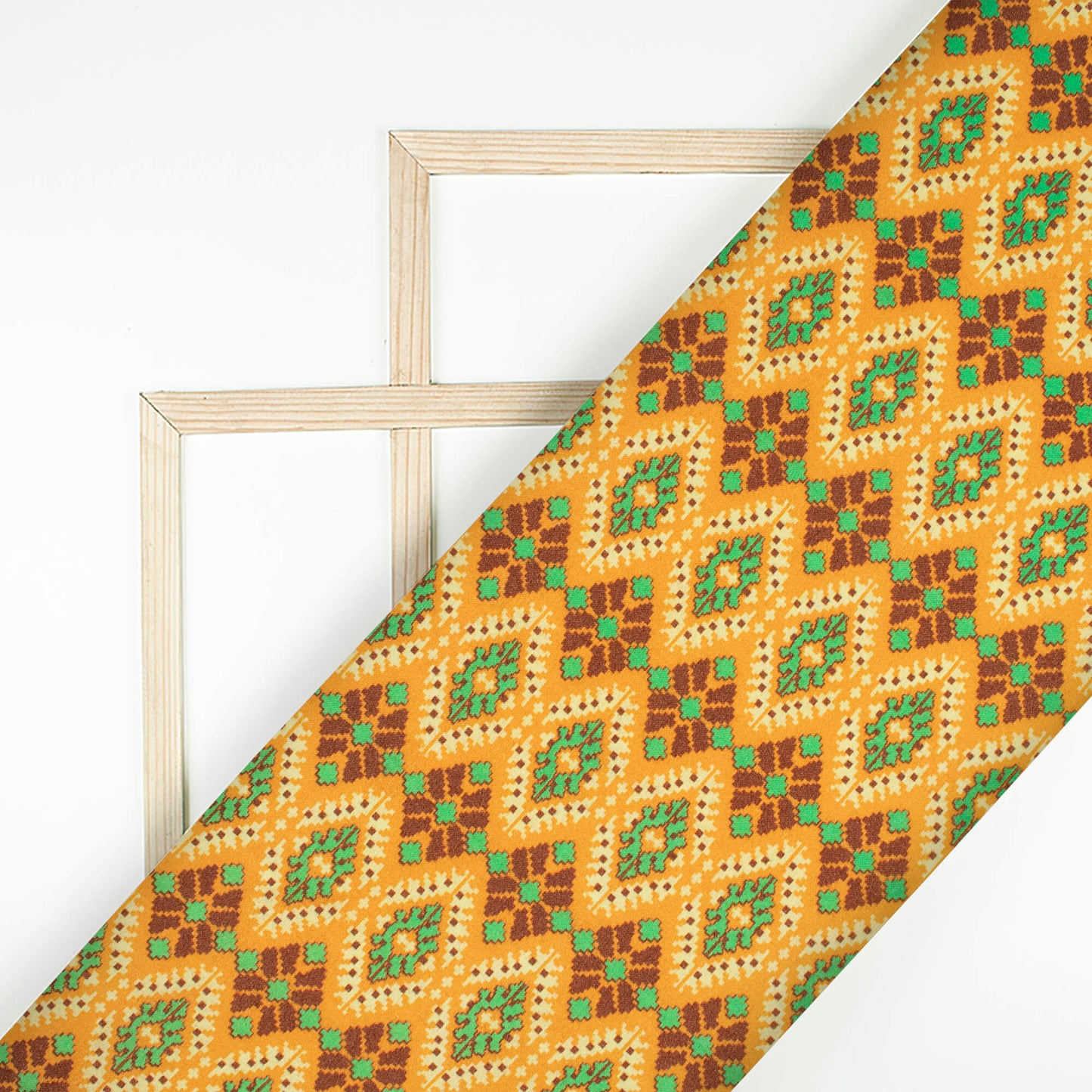 Merigold Orange And Fern Green Patolaa Pattern Digital Print Viscose Rayon Fabric (Width 58 Inches)